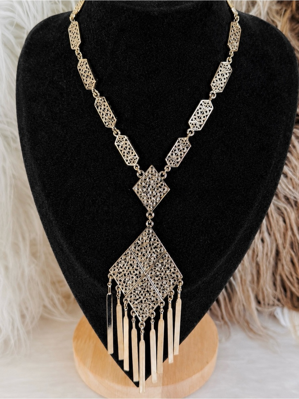 Vintage Light Goldtone Filigree Fringe Statement Necklace Adjustable